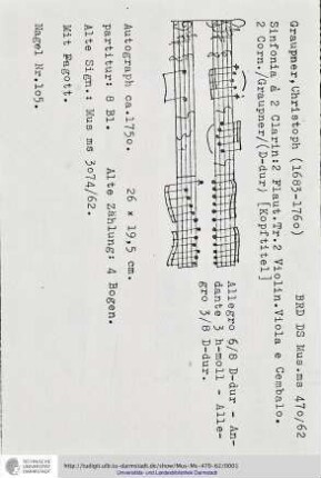 Sinfonia / à 2 Clarin: 2 Flaut. Tr. 2 Violin. Viola e Cembalo. 2 Corn./ [Graupner]
