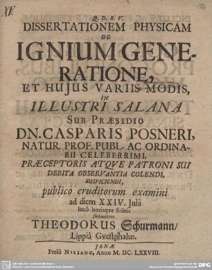 Dissertationem Physicam De Ignium Generatione, Et Huius Variis Modis