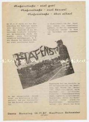Flugblatt der Hausbesetzerszene der Hafenstraße in Hamburg mit Demonstrationsaufruf