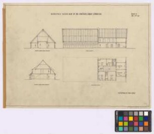 Pr[eußisch] Ströhen (Kreis Lübbecke): Rohlfings neuer Hof. Haupthaus (Stallteil-Querschnitt, Wohnteil-Querschnitt, Längsschnitt, Teil-Grundriss des Dachgeschosses)