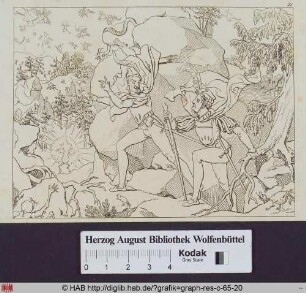 Faust und Mephisto im Harzgebirge, im Vordergrund ein Irrlicht, kleines Getier und kleine Ungeheuer.