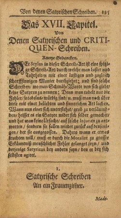 Das XVII. Capitel. Von denen Satyrischen und Critiquen-Schreiben.