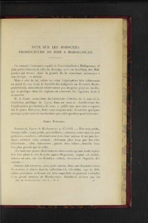 Note Sur Les Borocera Producteurs De Soie A Madagascar.