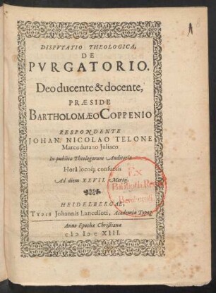 Disputatio Theologica, De Purgatorio