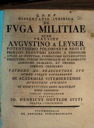 Dissertatio Ivridica De Fvga Militiae