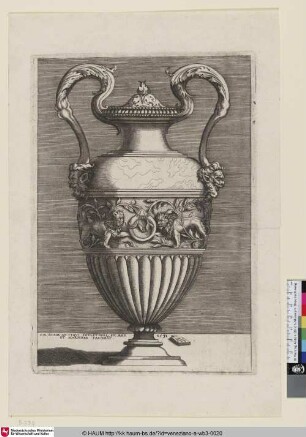 [Antike Vase mit zwei von Maskarons gestützten Henkeln und zwei Lorbeerranken durchschreitenden Löwen, die sich auf einen Ring zu bewegen]