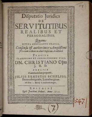Disputatio Iuridica De Servitutibus Realibus Et Personalibus