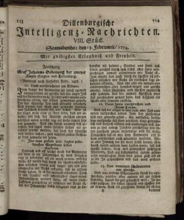 Sonnabends: den 19. Februarii 1774.