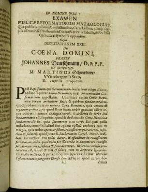 Disputationem XXIII. De Coena Domini
