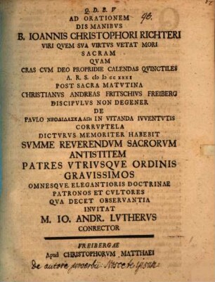 Ad orationem dis manibus Joannis Christophori Richteri ... quam ... Christianus Andreas Fritschius ... habebit ... invitat Jo. Andr. Lutherus : [de autore proverbii: nosce te ipsum]