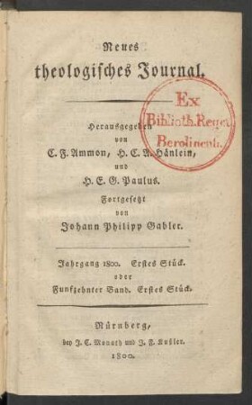 Jahrgang 1800. Erstes Stück. oder Funfzehnter Band. Erstes Stück