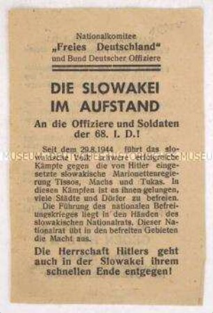 Propaganda-Handzettel des NKFD zum Volksaufstand in der Slowakei