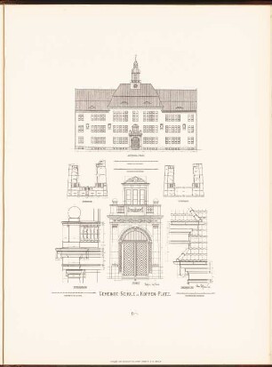 Gemeindeschule am Koppenplatz, Berlin: Grundriss EG, 2.OG, Ansicht von der Straßenseite, Details (aus: Neubauten der Stadt Berlin, Bd. V, 1907)