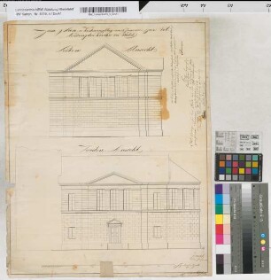 [Evangelische Kirche zu Wald]. [desgl.]. Seitenansicht. Vordere Ansicht.