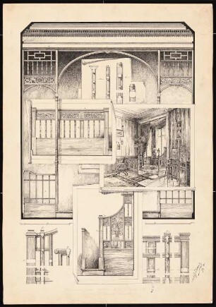 Atelier- und Wohngebäude Leonard Simion, Berlin: Schnitt durch den Erker, perspektivische Ansicht eines Innenraums, Details