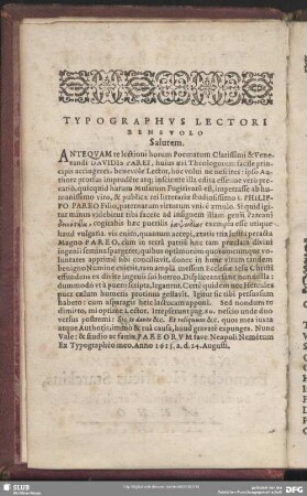 Typographus Lectori Benevolo Salutem