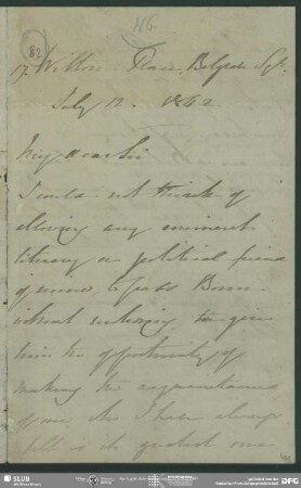 Eigenh. Brief von Thomas Wyse an August Wilhelm von Schlegel, London, 12.07.1842