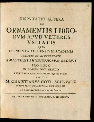Disputatio 2: Dispvtatio Altera De Ornamentis Librorvm Apvd Veteres Vsitatis