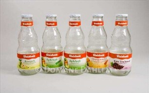Fünf Obst- Saft- Flaschen der Firma "Reichelt"