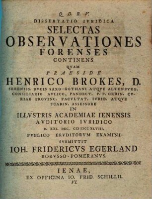 Dissertatio iuridica selectas observationes forenses continens, N. VI.