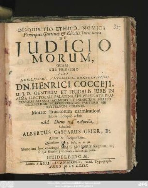 Disquisitio Ethico-Nomica Principiis Gentium & Civilis Iuris nixa De Iudicio Morum