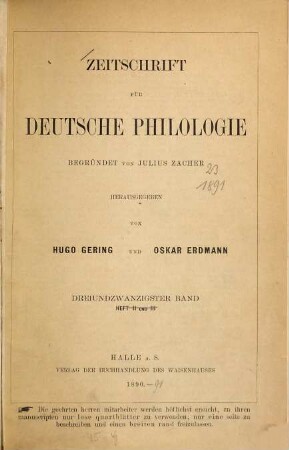Zeitschrift für deutsche Philologie : ZfdPh. 23. 1891