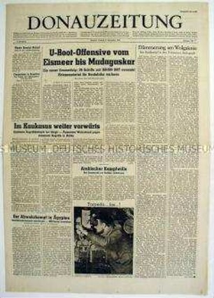 Deutsche Zeitung für den Balkan "Donauzeitung" u.a. zum U-Boot-Krieg vor der afrikanischen Küste