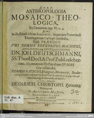 Anthropologia mosaico-theologica, ex Deuteron. cap. VI. v. 4