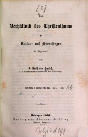 Das Verhältniß des Christenthums zu Cultur- und Lebensfragen der Gegenwart