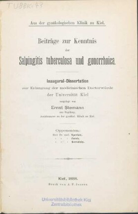 Beiträge zur Kenntnis der Salpingitis tuberculosa und gonorrhoica
