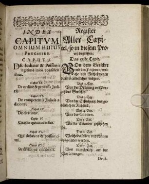 Index Capitum Omnium Huius Processus. = Register Aller Capitel/ so in diesem Proceß begriffen.