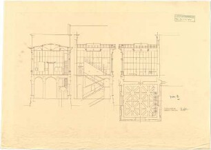 Döllgast, Hans; München; Alte Pinakothek, Wiederaufbau - Südwestfl. OG (Schnitte; Grundriss)