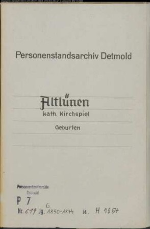 Kirchenbuchduplikat der katholischen Gemeinde Altlünen, Gerichtsbezirk Lüdinghausen (G 1850-1874, H 1854). (Gemeinde: Altlünen, kath. Gemeinde)