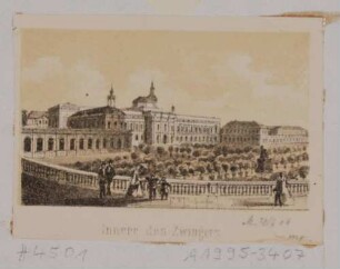 Der Zwinger in Dresden, Blick von der Balustrade südlich des Wallpavillons nach Nordosten auf Pavillons und Sempergalerie