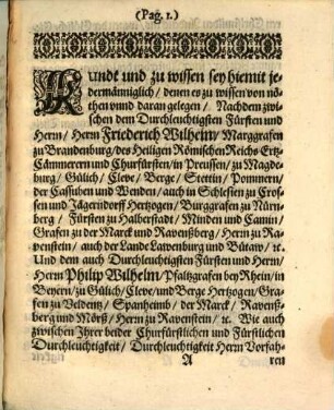 Erb-Vergleich zwischen Dem Durchleuchtigsten Fürsten und Herrn, Hern Friederich Wilhelmen, Marggrafen zu Brandenburg ... und Churfürsten ... Und Dem ... Herrn Philip Wilhelmen, Pfaltzgrafen bey Rhein, in Beyern ... Hertzogen ... über die Gülichsche Successions-Sache