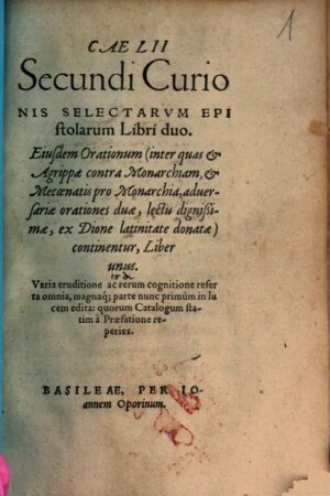 Caelii Secundi Curionis Selectarvm Epistolarum Libri duo