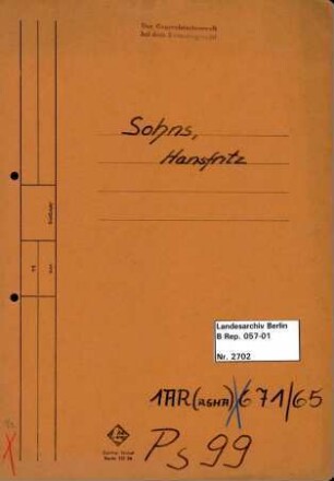 Personenheft Hans Fritz Sohns (*15.09.1907), SS-Sturmbannführer