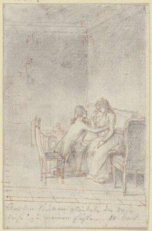 Auf einem Sofa rechts sitzt eine junge Dame