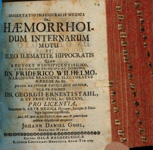 Diss. inaug. med. de haemorrhoidum internarum motu, et ileo haematite Hippocratis