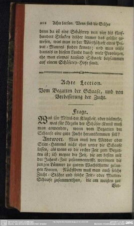 Achte Lection. Vom Begatten der Schaafe, und von Verbesserung der Zucht