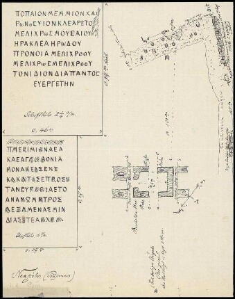 Inschriften und Skizzen eines antiken Gebäudes in Neapolis/ Boiai