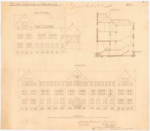 Collegium Bernhardinum, Attendorn: Seiten- und Vorderansicht und Querschnitt 1:100