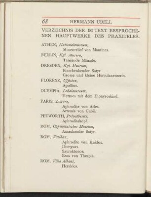 Verzeichnis der im Text besprochenen Hauptwerke des Praxiteles.