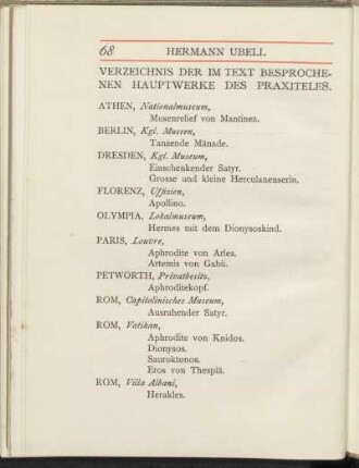Verzeichnis der im Text besprochenen Hauptwerke des Praxiteles.