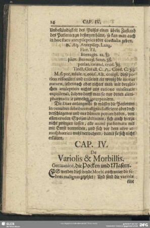 Cap. IV. De Variolis & Morbillis. Germanice, die Pocken und Masern