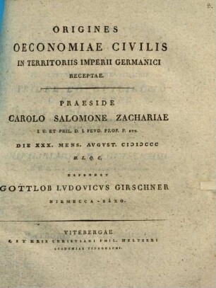 Origines oeconomiae civilis in territoriis Imperii Germanici receptae