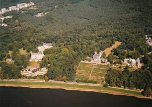 Dresden. Schloss Albrechtsberg, Lingnerschloss, Schloss Eckberg, Wohnbebauung Am Jägerpark und Dresdener Heide. Luftbild-Schrägaufnahme von Südsüdwesten