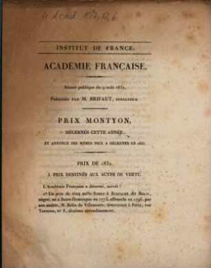 Académie Française. Séance publique du 9 août 1832 : prix montyon, décernés cette année, et annonce des mêmes prix a décerner en 1833