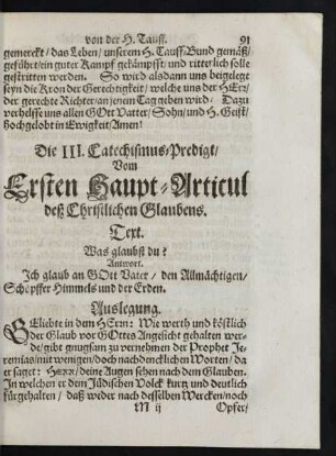 Die III. Catechismus-Predigt/ Vom Ersten Haupt-Articul deß Christlichen Glaubens.