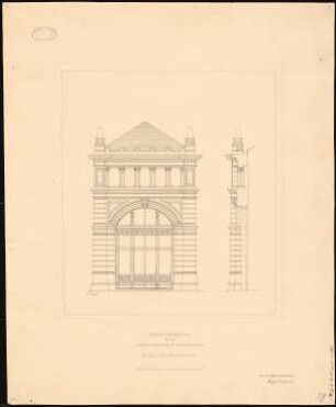 Hauptbahnhof, Frankfurt/Main Empfangsgebäude: Detail Eckturm, Fassadenausschnitt und Schnitt